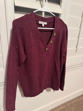 Adyson Parker Burgundy V-Neck Button Accent Sweater
